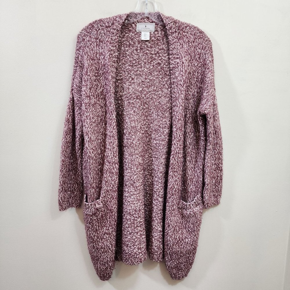 Ruby Moon Maroon & cream colored longer open front cardigan with pockets‎ size S